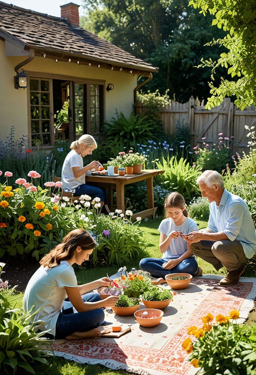 A warm and inviting family scene showcasing a diverse family engaged in various activities together, such as cooking, reading, and playing in a sunlit garden. Incorporate elements representing essential resources, like books and tools for family living, arranged harmoniously around them. Soft pastel colors to evoke a sense of warmth and community. super-realistic. vibrant colors. sunny background.