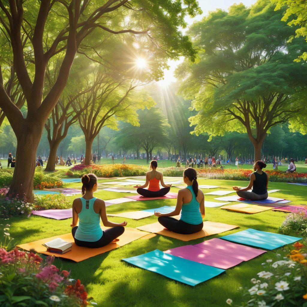 A vibrant and inspiring scene depicting a diverse group of people engaged in various lifestyle activities such as yoga, reading, and personal development discussions in a sunlit park. Include elements like motivational quotes floating in the air and a winding path symbolizing a journey. Incorporate nature with blooming flowers and trees to evoke a sense of growth and positivity. super-realistic. vibrant colors. sunny atmosphere.