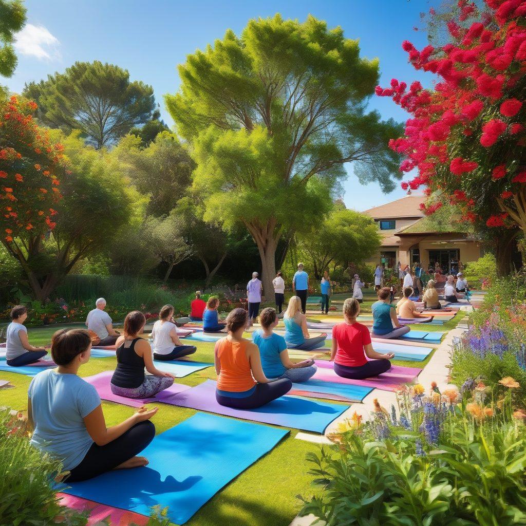 A vibrant community gathering in a sunny park, showcasing families engaging in various health and wellness activities such as yoga, cooking classes, and group exercise. Diverse families of all ages are interacting, sharing meals, and enjoying nature, surrounded by resources like brochures and informational stands. Bright flowers and greenery enhance the uplifting atmosphere. super-realistic. vibrant colors. sunny day.
